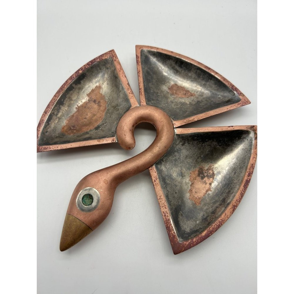 Vintage MCM Los Castillo Taxco Mexico Mixed Metal Bird Tray 8" Copper Brass Silv